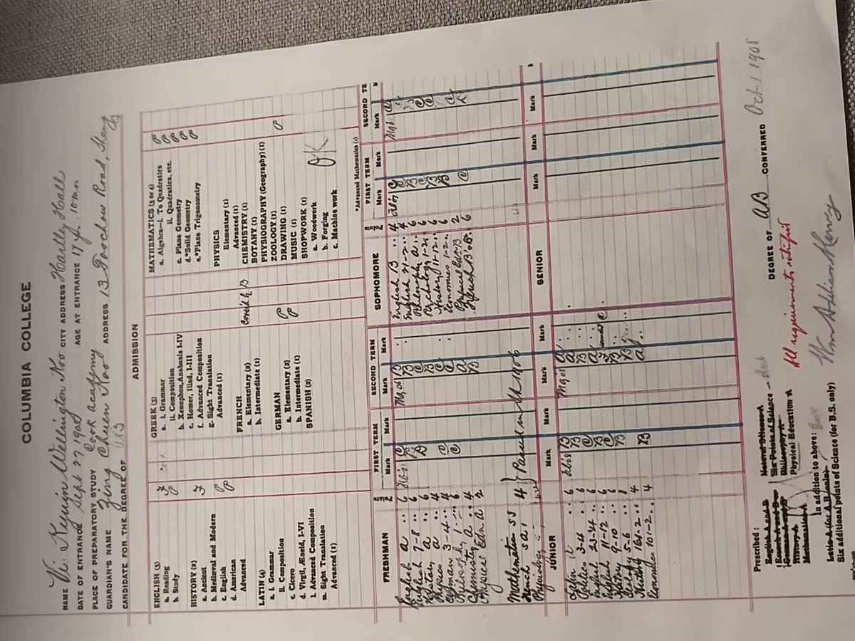 图3 顾维钧在哥伦比亚大学的成绩单